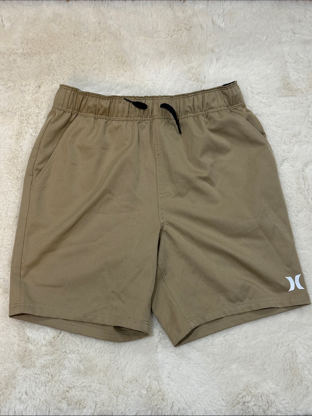 Hurley Kids Tan Elastic-Waist Athletic Shorts with Black Drawstring